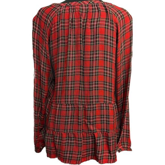 J Jill Blouse Small Red Plaid Tiered Long Sleeve Academia Holiday Lightweight - Picture 3 of 7